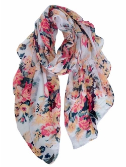 GERINLY Lightweight Scarves Fashion Flowers Print Women Cotton Wrap Scarf