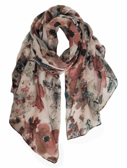 GERINLY Lightweight Scarves Fashion Flowers Print Women Cotton Wrap Scarf