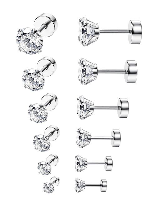 ORAZIO 6-8 Pairs 18G Stainless Steel Ear Stud Piercing Barbell Studs Earrings Round Cubic Zirconia Inlaid