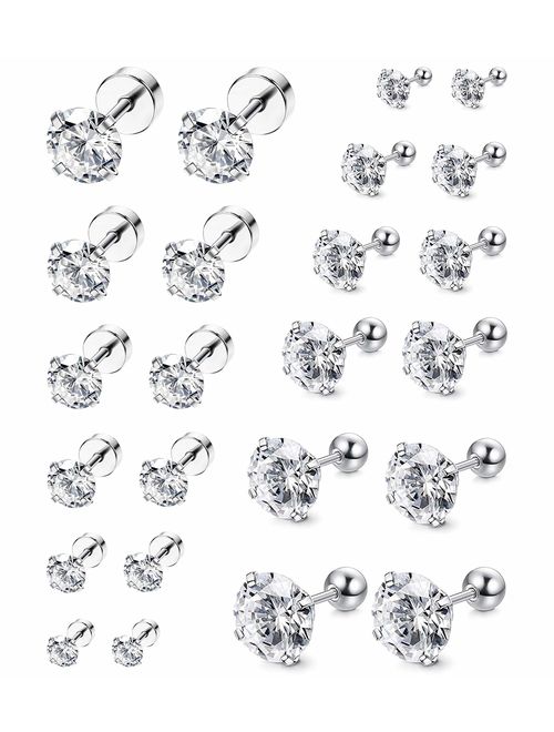 ORAZIO 6-8 Pairs 18G Stainless Steel Ear Stud Piercing Barbell Studs Earrings Round Cubic Zirconia Inlaid