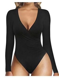 MANGOPOP Women's Surplice Ruched Plunge Neck Deep-V Long Sleeve Bodysuit Jumpsuits