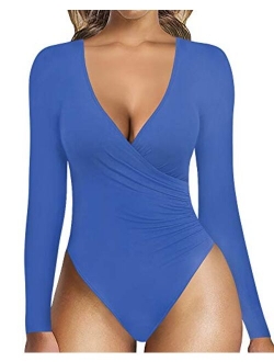 MANGOPOP Women's Surplice Ruched Plunge Neck Deep-V Long Sleeve Bodysuit Jumpsuits