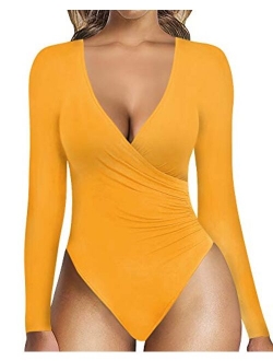 MANGOPOP Women's Surplice Ruched Plunge Neck Deep-V Long Sleeve Bodysuit Jumpsuits