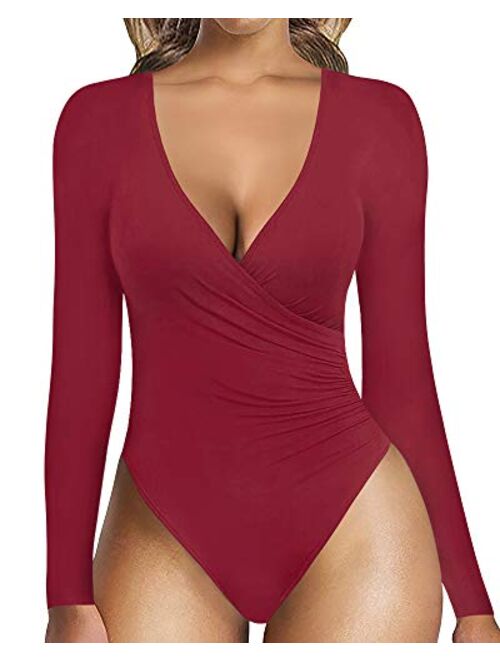 MANGOPOP Women's Surplice Ruched Plunge Neck Deep-V Long Sleeve Bodysuit Jumpsuits