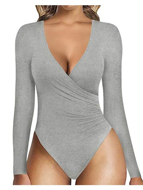 MANGOPOP Women's Surplice Ruched Plunge Neck Deep-V Long Sleeve Bodysuit Jumpsuits