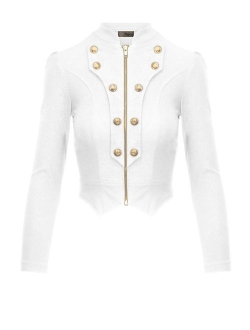 Hybrid & Company Women's Military Crop Stretch Gold Zip Up Blazer Jacket