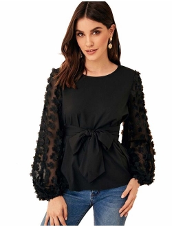 Women's Mesh Embroidered Floral Sleeve Self Belted Blouse Top