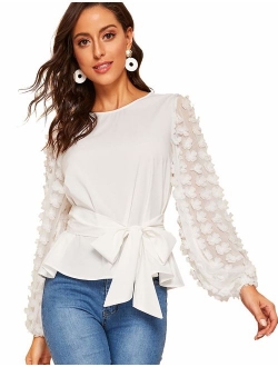 Women's Mesh Embroidered Floral Sleeve Self Belted Blouse Top