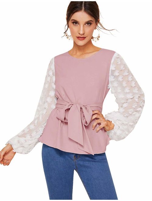 ROMWE Women's Mesh Embroidered Floral Sleeve Self Belted Blouse Top