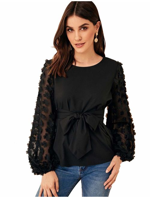 ROMWE Women's Mesh Embroidered Floral Sleeve Self Belted Blouse Top