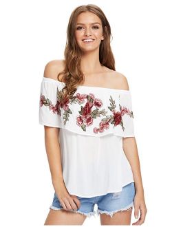 Women's Ruffle Off Shoulder Rose Embroidery Loose Blouse Top