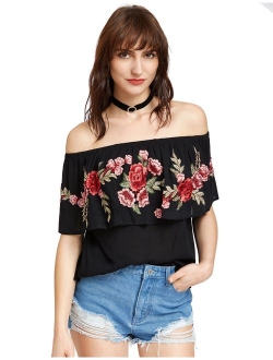 Women's Ruffle Off Shoulder Rose Embroidery Loose Blouse Top