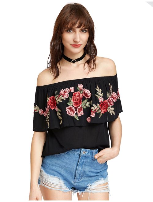 Floerns Women's Ruffle Off Shoulder Rose Embroidery Loose Blouse Top