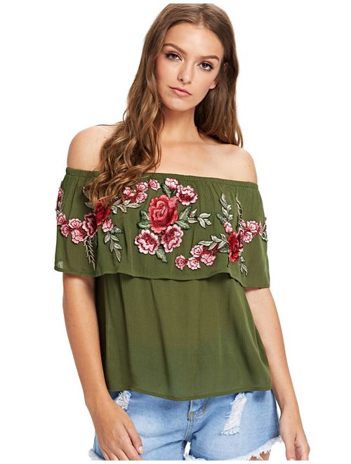 Floerns Women's Ruffle Off Shoulder Rose Embroidery Loose Blouse Top