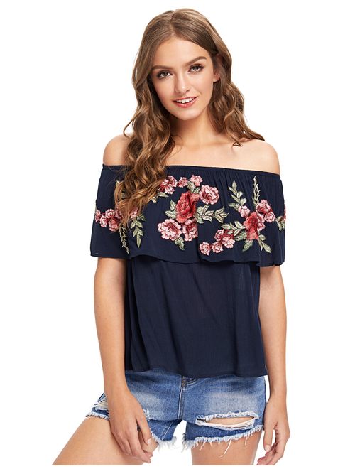 Floerns Women's Ruffle Off Shoulder Rose Embroidery Loose Blouse Top