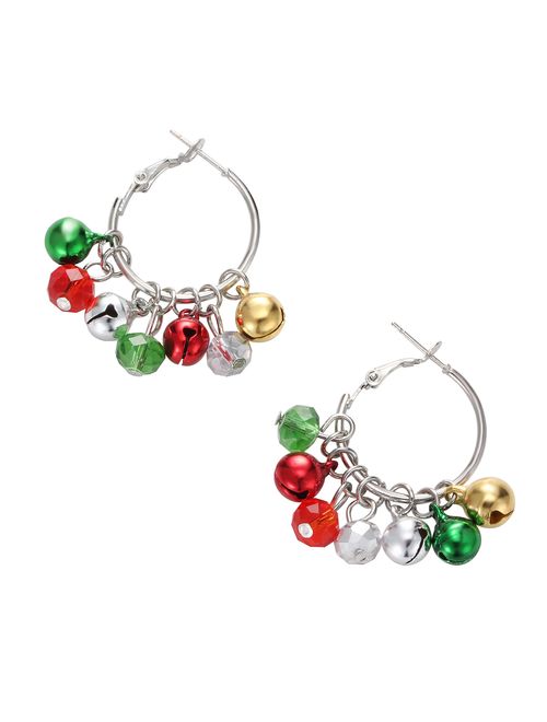 Christmas Bell Hoop Earrings - Hypoallergenic Christmas Jewelry Gift for Women Girls Cute Festive Earring Including Red Green White Yellow Jingle Bell Dangle, Great Gift 