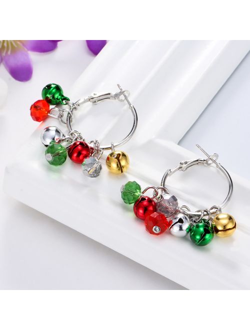 Christmas Bell Hoop Earrings - Hypoallergenic Christmas Jewelry Gift for Women Girls Cute Festive Earring Including Red Green White Yellow Jingle Bell Dangle, Great Gift 