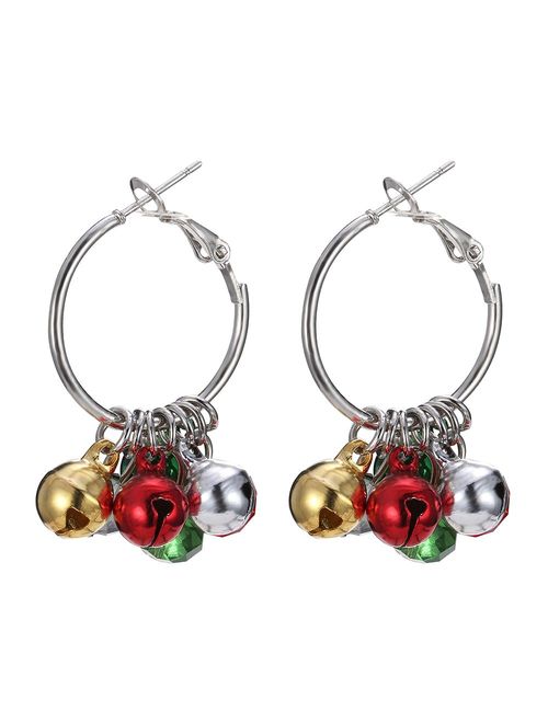 Christmas Bell Hoop Earrings - Hypoallergenic Christmas Jewelry Gift for Women Girls Cute Festive Earring Including Red Green White Yellow Jingle Bell Dangle, Great Gift 