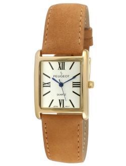 Peugeot Women's 14K Gold Plated Tank Leather Dress Watch with Roman Numerals Dial