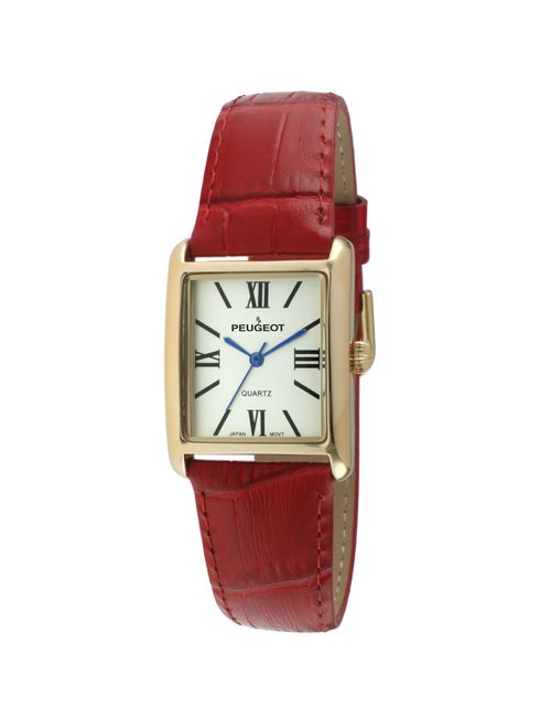 Peugeot Women's 14K Gold Plated Tank Leather Dress Watch with Roman Numerals Dial