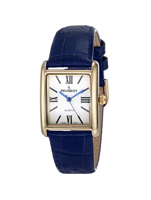 Peugeot Women's 14K Gold Plated Tank Leather Dress Watch with Roman Numerals Dial