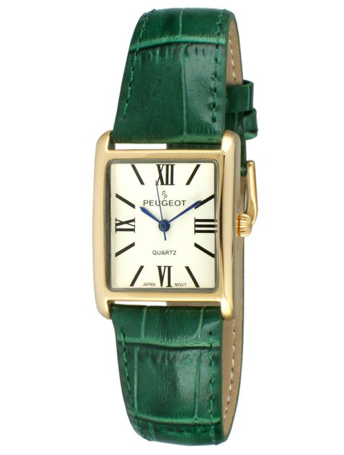 Peugeot Women's 14K Gold Plated Tank Leather Dress Watch with Roman Numerals Dial