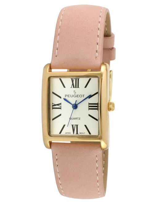 Peugeot Women's 14K Gold Plated Tank Leather Dress Watch with Roman Numerals Dial