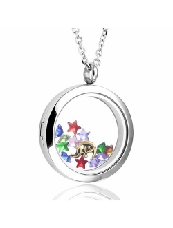 Zysta Silver Round Locket Pendant Necklace 30mm Glossy Stainless Steel Clear Glass Living Memory Floating Charms Stone Storage