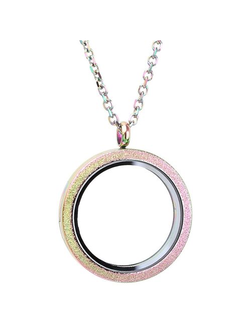 Zysta Silver Round Locket Pendant Necklace 30mm Glossy Stainless Steel Clear Glass Living Memory Floating Charms Stone Storage