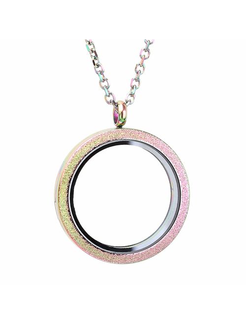 Zysta Silver Round Locket Pendant Necklace 30mm Glossy Stainless Steel Clear Glass Living Memory Floating Charms Stone Storage