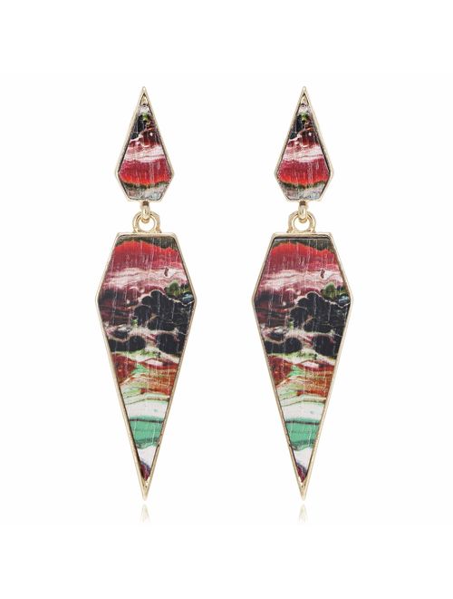 Bohemian Wood And Marble Effect Pentagon Shaped Drop Statement Earrings