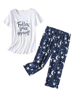 PNAEONG Women’s Pajama Set - Sleepwear Tops with Capri Pants Casual and Fun Prints Pajama Sets