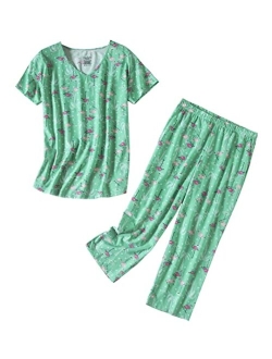 PNAEONG Women’s Pajama Set - Sleepwear Tops with Capri Pants Casual and Fun Prints Pajama Sets