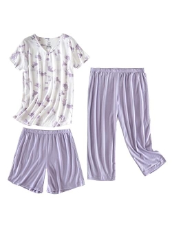 PNAEONG Women’s Pajama Set - Sleepwear Tops with Capri Pants Casual and Fun Prints Pajama Sets