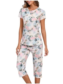 PNAEONG Women’s Pajama Set - Sleepwear Tops with Capri Pants Casual and Fun Prints Pajama Sets