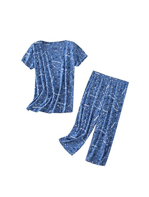 PNAEONG Women’s Pajama Set - Sleepwear Tops with Capri Pants Casual and Fun Prints Pajama Sets