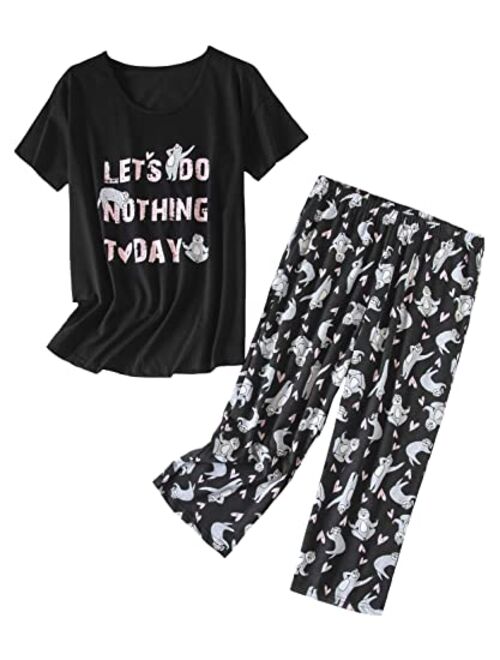 PNAEONG Women’s Pajama Set - Sleepwear Tops with Capri Pants Casual and Fun Prints Pajama Sets