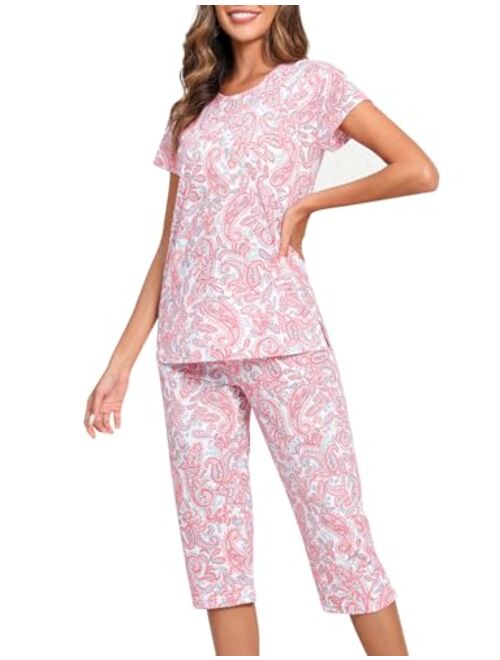 PNAEONG Women’s Pajama Set - Sleepwear Tops with Capri Pants Casual and Fun Prints Pajama Sets