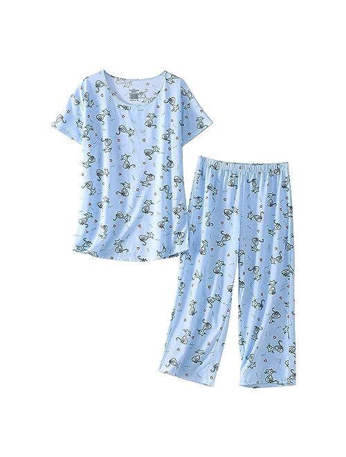 PNAEONG Women’s Pajama Set - Sleepwear Tops with Capri Pants Casual and Fun Prints Pajama Sets