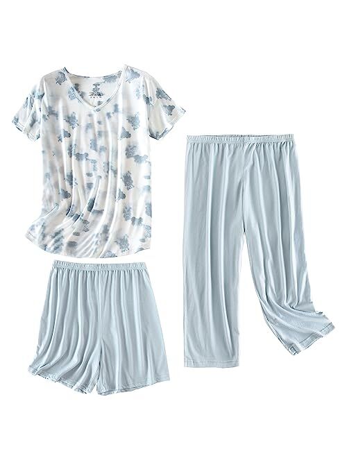 PNAEONG Women’s Pajama Set - Sleepwear Tops with Capri Pants Casual and Fun Prints Pajama Sets