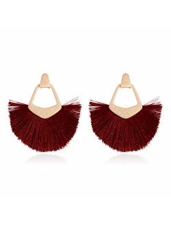 Bohemian Silky Thread Tassel Statement Drop Earrings - Strand Fringe Lightweight Feather Shape Dangles, Diamond Fan, Triangle Duster