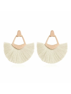 Bohemian Silky Thread Tassel Statement Drop Earrings - Strand Fringe Lightweight Feather Shape Dangles, Diamond Fan, Triangle Duster