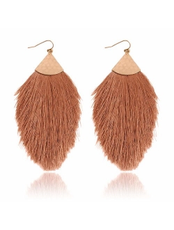 Bohemian Silky Thread Tassel Statement Drop Earrings - Strand Fringe Lightweight Feather Shape Dangles, Diamond Fan, Triangle Duster