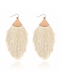 Bohemian Silky Thread Tassel Statement Drop Earrings - Strand Fringe Lightweight Feather Shape Dangles, Diamond Fan, Triangle Duster