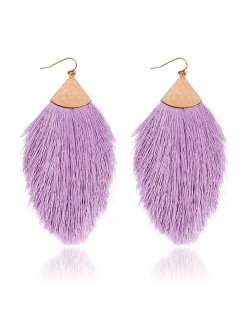 Bohemian Silky Thread Tassel Statement Drop Earrings - Strand Fringe Lightweight Feather Shape Dangles, Diamond Fan, Triangle Duster