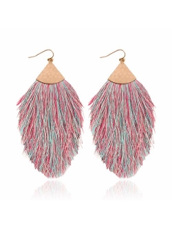 Bohemian Silky Thread Tassel Statement Drop Earrings - Strand Fringe Lightweight Feather Shape Dangles, Diamond Fan, Triangle Duster