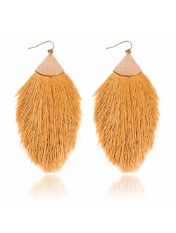 Bohemian Silky Thread Tassel Statement Drop Earrings - Strand Fringe Lightweight Feather Shape Dangles, Diamond Fan, Triangle Duster