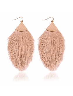 Bohemian Silky Thread Tassel Statement Drop Earrings - Strand Fringe Lightweight Feather Shape Dangles, Diamond Fan, Triangle Duster