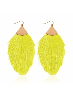 Bohemian Silky Thread Tassel Statement Drop Earrings - Strand Fringe Lightweight Feather Shape Dangles, Diamond Fan, Triangle Duster