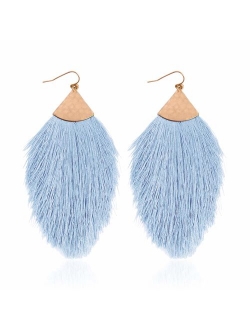 Bohemian Silky Thread Tassel Statement Drop Earrings - Strand Fringe Lightweight Feather Shape Dangles, Diamond Fan, Triangle Duster